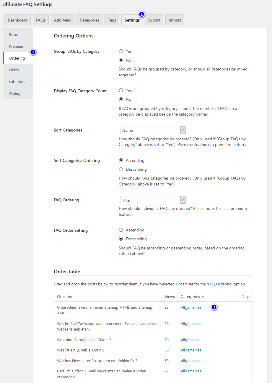 Ultimate FAQ Plugin Sortierung
